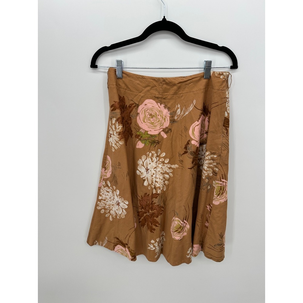 Vintage Odille Anthro Brown Floral Cotton A-Line Skirt Sz 8 Pink Botanical‎ Boho